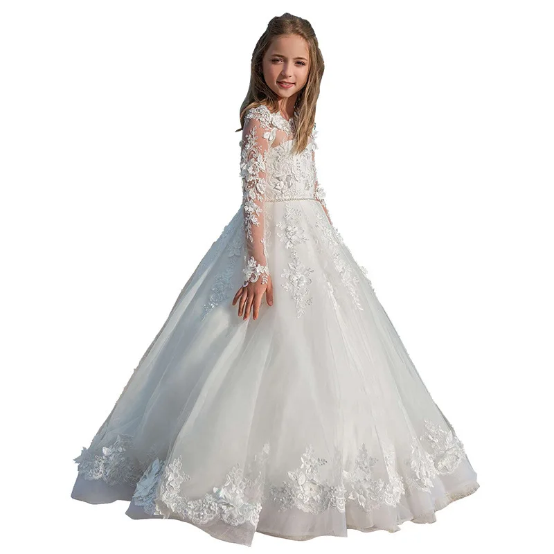 

White Lace Flower Girls Long Sleeves Ball Gowns with Pearls Sash Holy A-Line First Communion Princess Dresses