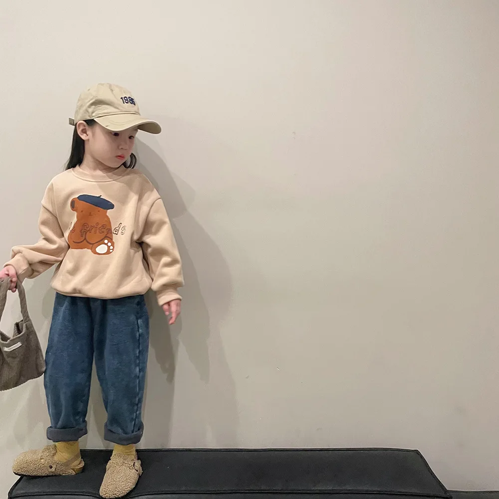 Children's plush thickened jeans winter Korean boys and girls one piece velvet elastic casual denim trousers