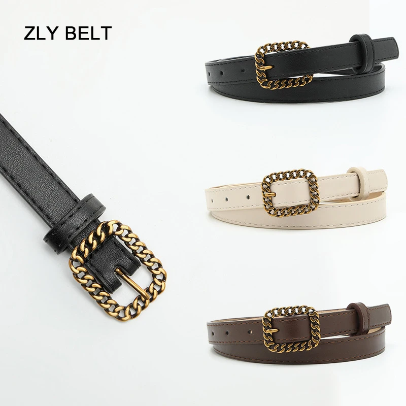 ZLY 2023 New Fashion Belt Women Men Slender Type PU Leather Chains Metal Pin Buckle Jeans Dress Casual Style Solid Vintage Belt