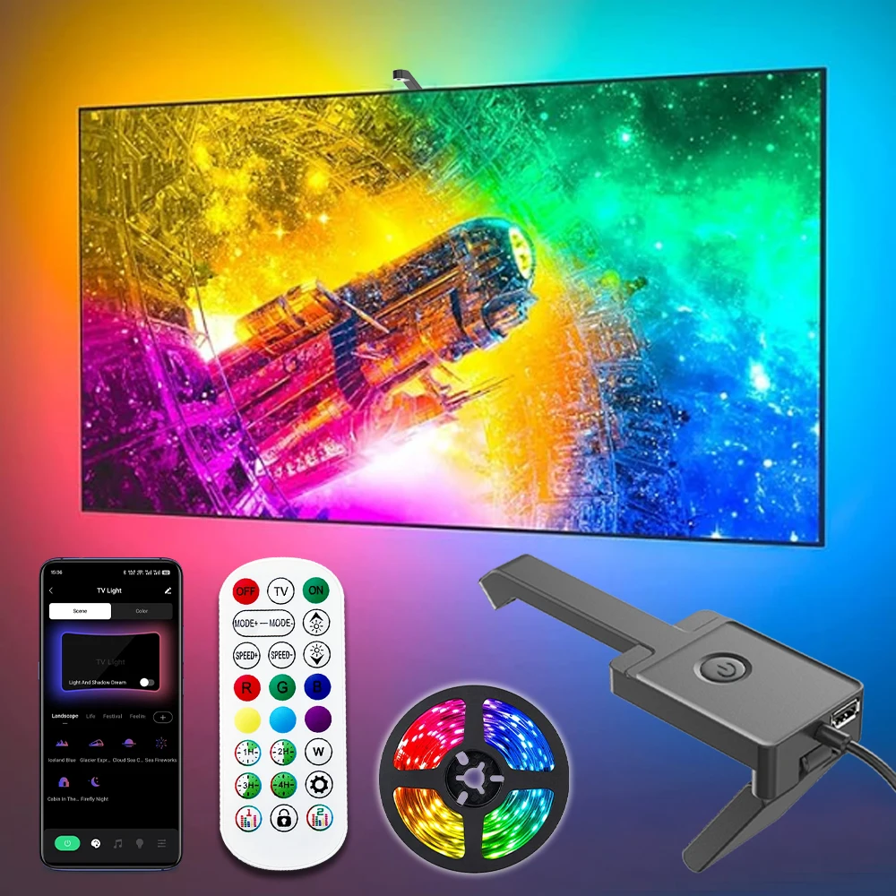Фото Wiscolor светодиодная подсветка телевизора, синхронизация экрана с камерой USB 5V RGBIC, светодиодная лента для 55-65 дюймов, 4K, декора игровой комнаты, окружающий свет №1