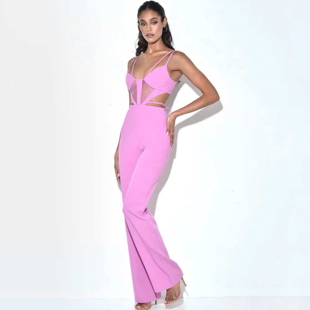 

Sexy Skinny Pink Sleeveless Hollow Bandage Jumpsuit Jumpsuit Women 2023 Combinaison Femme Elegant Evening Party Club Bodysuits