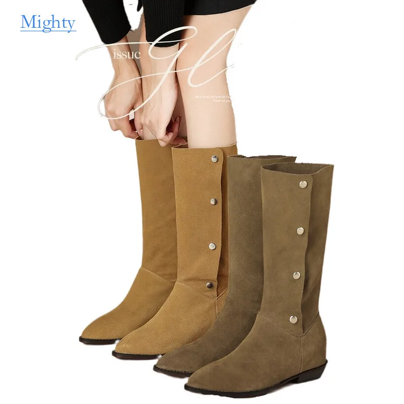 Женские Винтажные ботинки с воланом зимние до середины икры на массивном каблуке