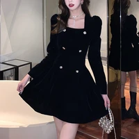 wkfyy sweet velvet black square collar puff sleeve double breasted pullover pleated slim a line ball gown mini short dress d4211