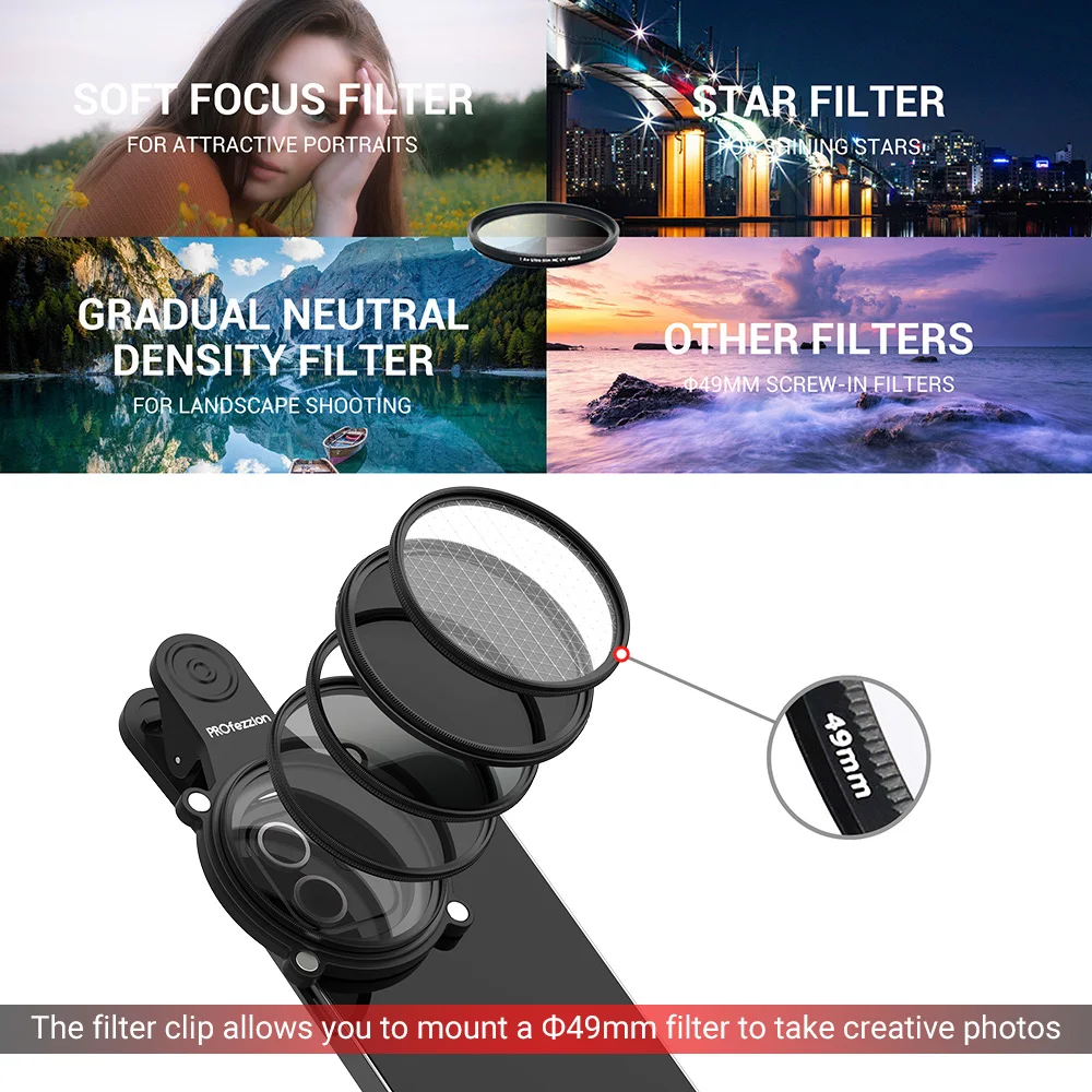 PROfezzion Smartphone 49mm Macro/CPL/Star/ND Lens Filter with Hood Kit No Reflections for iPhone 13 12 11 Pro Samsung Huawei