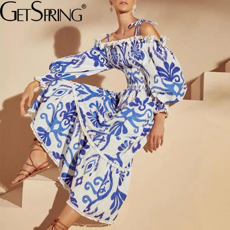 

Getspring Women Dress Vintage Printed Lantern Sleeve Slash Neck Off Shoulder High Waist Large Hem Long Dress2022 Spring Summer