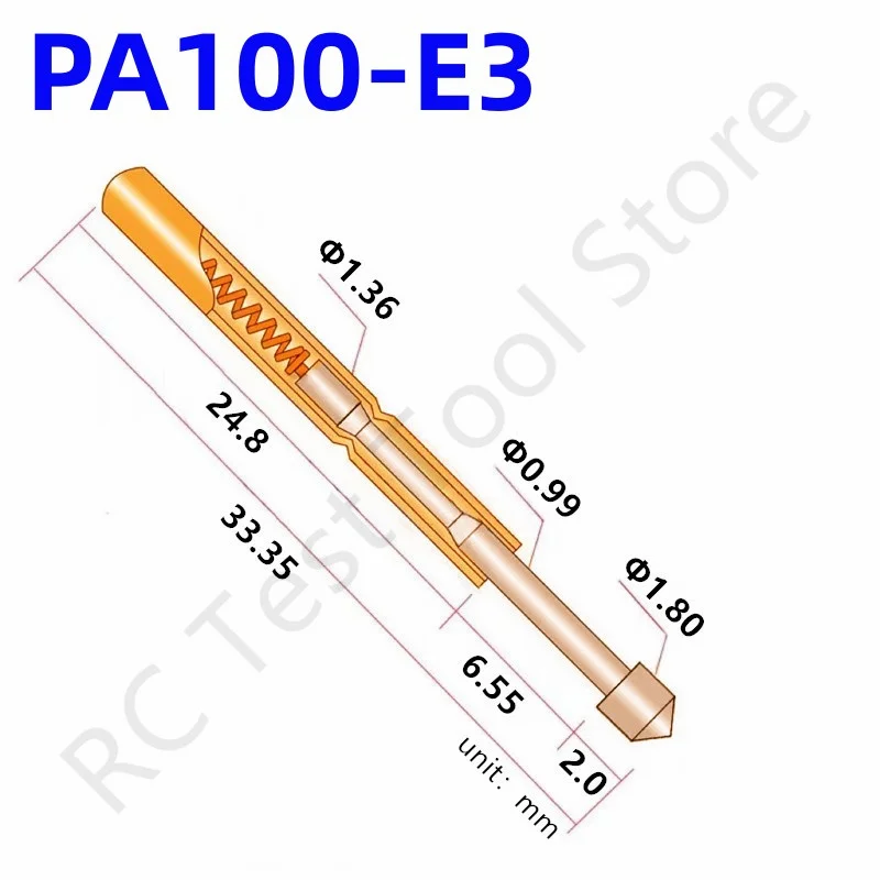 

100PCS PA100-E3 Spring Test Probe PA100-E Test Pin P100-E P100-E3 Test Tool 33.35mm 1.36mm Needle Gold Tip Dia 1.80mm Pogo Pin