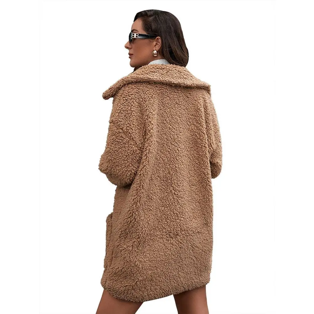 Winter Women Faux Fur Coat Sherpa Fleece Long Cardigan Autumn Warm Streetwear Ladies Teddy Puff Windbreaker Jacket brown
