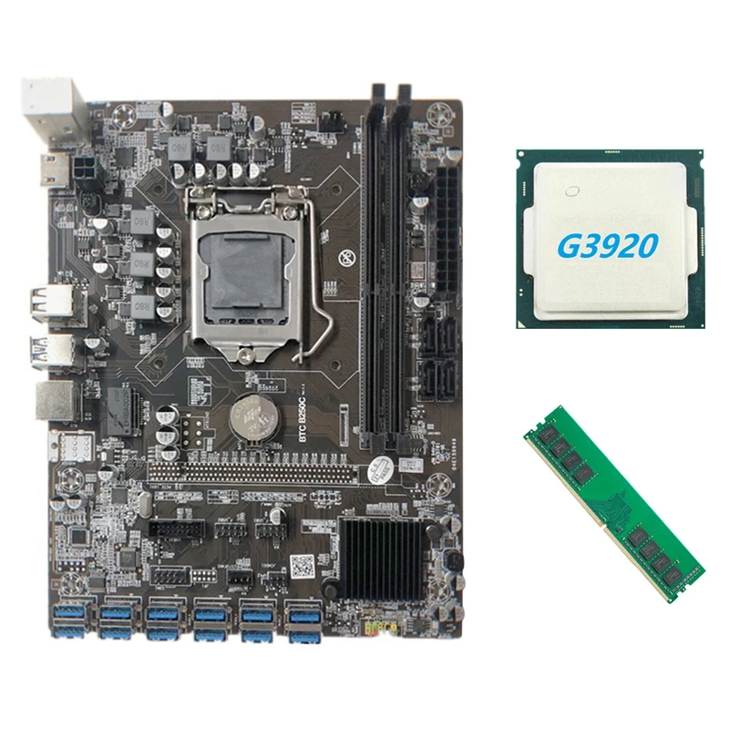Материнская плата B250C для майнинга BTC с процессором G3920 или G3930 + DDR4 4 Гб 2666 МГц ОЗУ