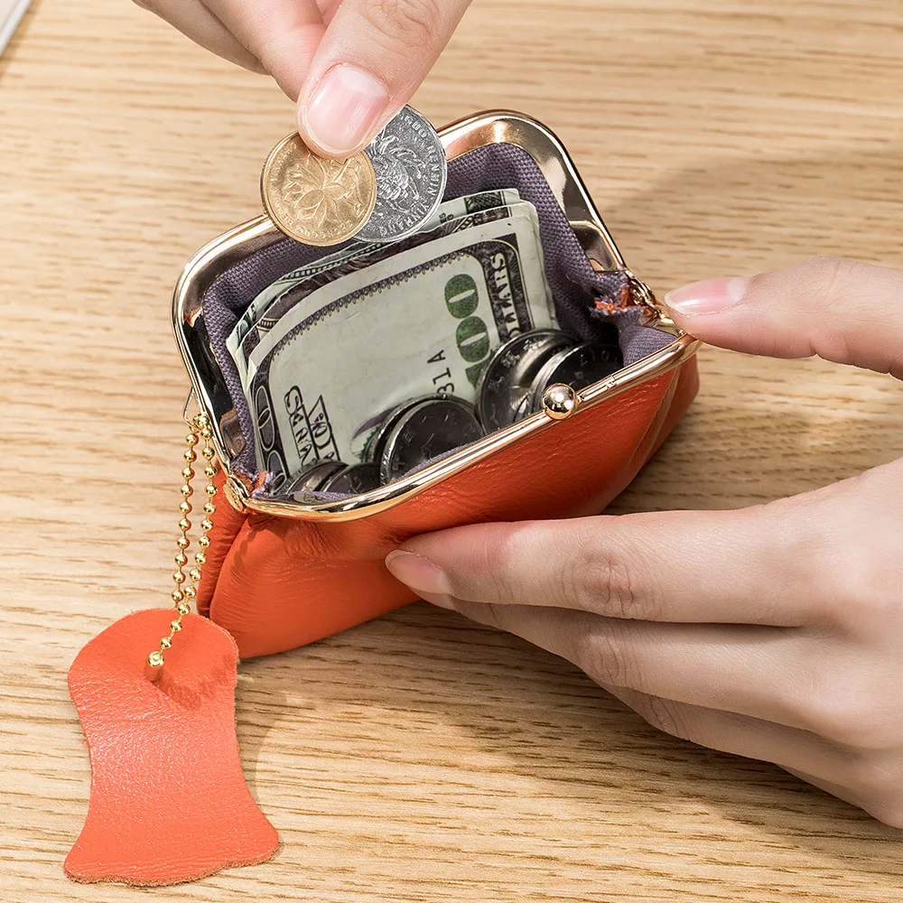 Genuine Leather Clip Coin Wallet Clutch Mini Soft Cowhide Purse Bag Earphone Card Holder Lipstick Pocket For Female Women