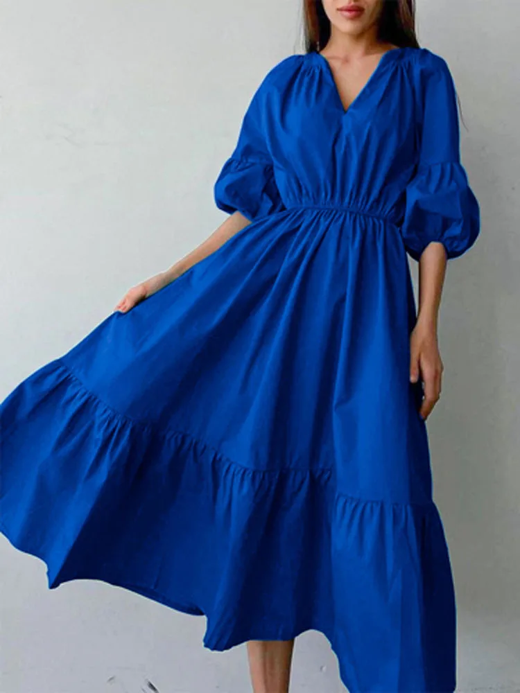 

2022 Sexy V Neck High Waist A-Line Dress Spring Summer Casual Lantern Sleeve Long Dress Women Elegant Pleated Solid Beach Dress