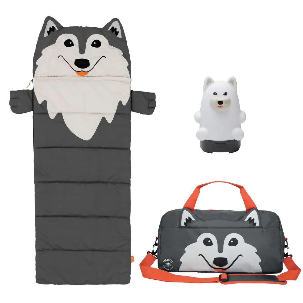 

Aspen the Wolf Kid's 3 Piece Camping Combo Set (Duffel Bag, Sleeping Bag, Lantern)