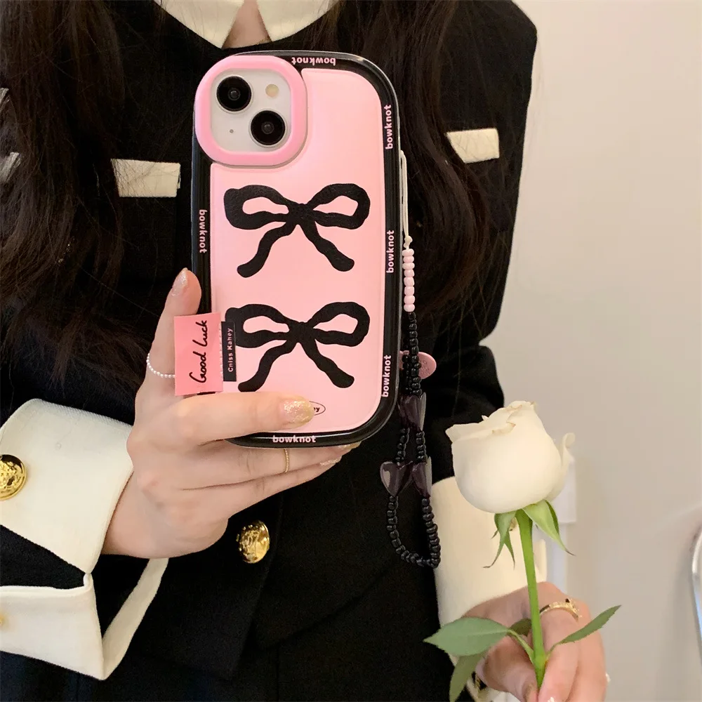 

Black Bowknot Love Hand Chain Phone Cover Case for iPhone 15 14 13 12 11 Pro Max