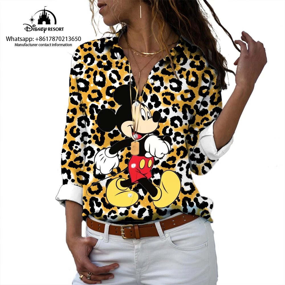 

Women's Long Sleeve Shirt Vintage Disney Mickey Minnie Leopard Print Lapel Shirt Casual Loose Button V Neck Tunic Top S-5XL