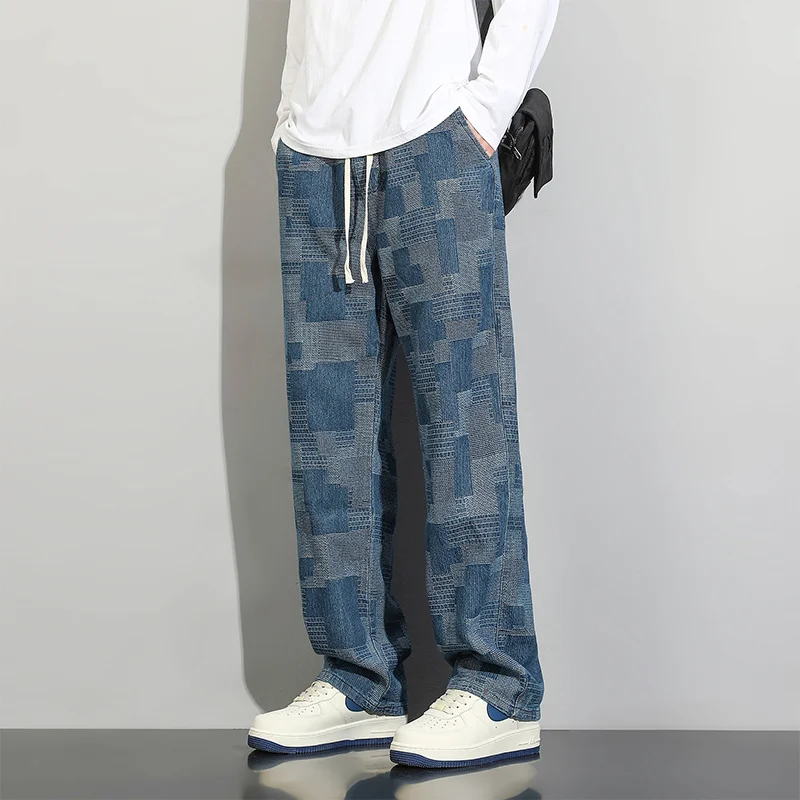 Blue Black Plaid Jeans Men Fashion Retro Straight Jeans Men Japanese Streetwear Hip-hop Loose Denim Pants Mens Trousers S-3XL