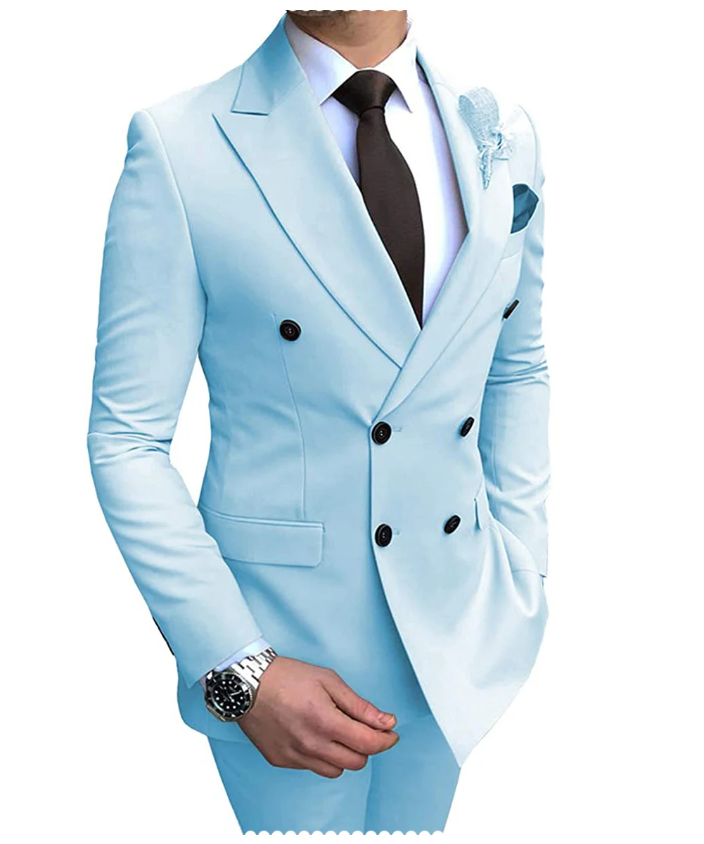 2022 New Beige Men's Suit 2 Pieces Double-Breasted Notch Lapel Flat Slim Fit Casual Tuxedos For Wedding(Blazer+Pants)