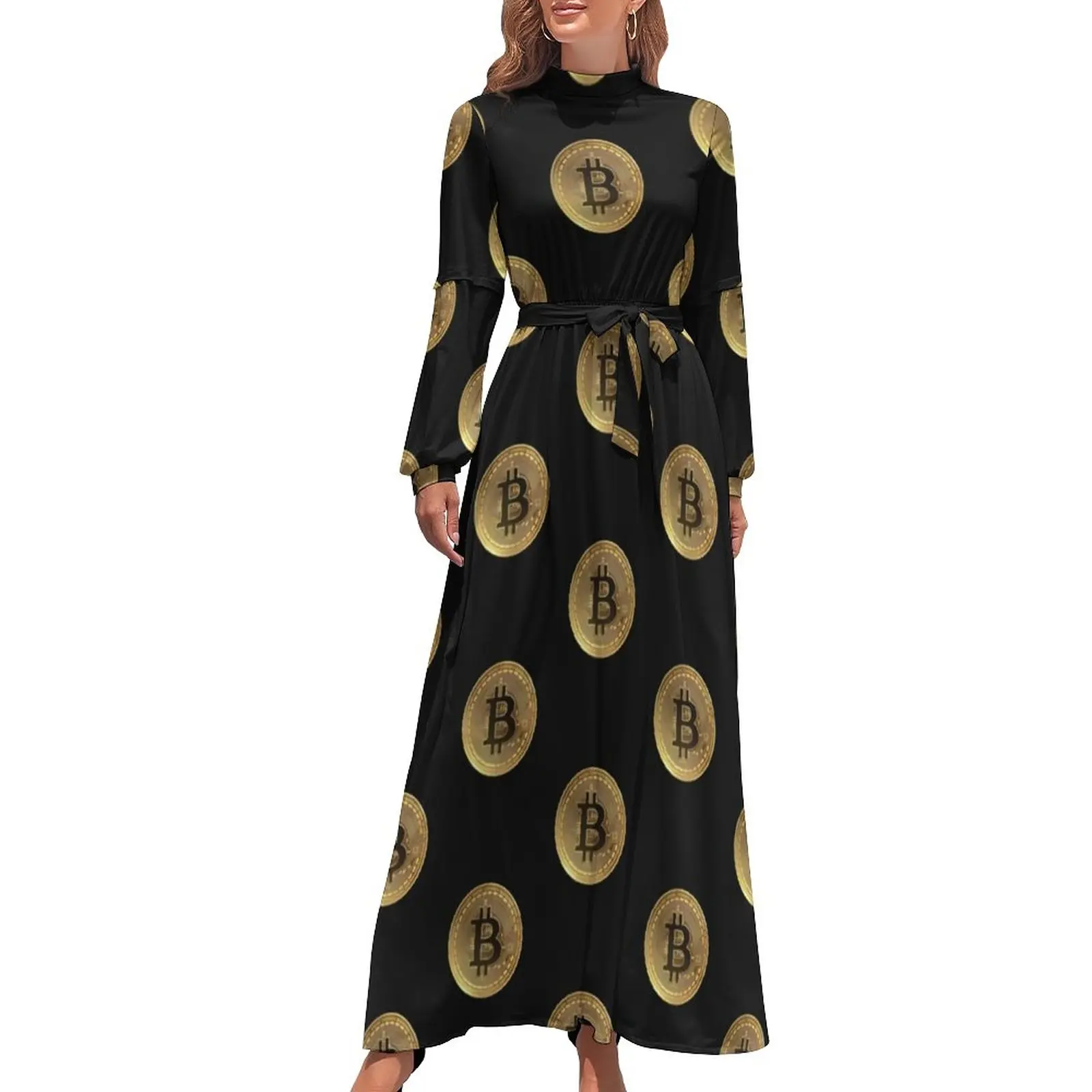 

Bitcoin Crypto Dress Long Sleeve Gold Coin Print Modern Maxi Dress High Neck Casual Graphic Beach Long Dresses Birthday Present