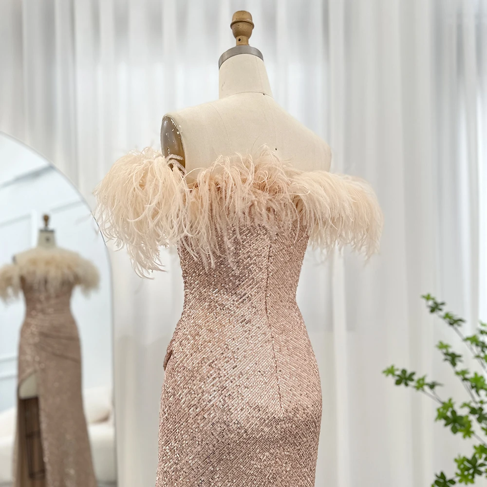 Jancember Luxury Feathers Slim High Slit Evening Dresses For Women Wedding Party Elegant Long Sparkling Prom Formal Gown SCZ068