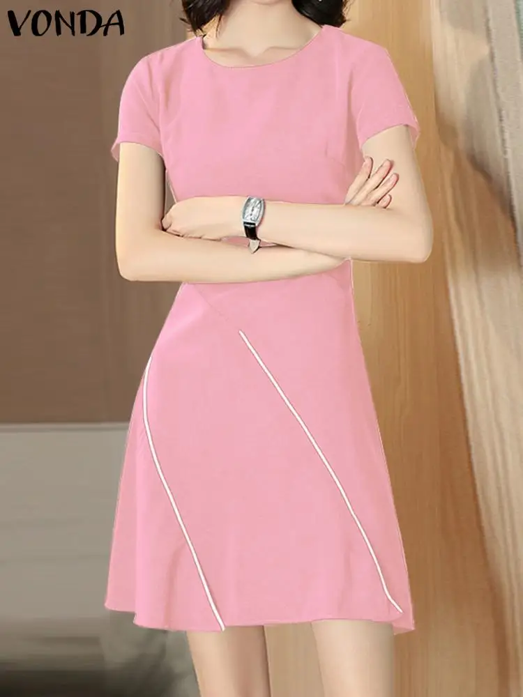 

Elegant Mini Dress 2023 VONDA Summer Women Sexy Party Sundress Patchwork Fashion Casual Loose Short Sleeve A-Line Vestidos