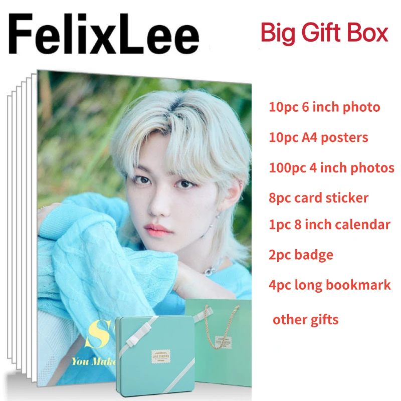 

Straykids Felix Lee Yong Fu HD Poster+Calendar+Bookmark+Card Sticker+Badge+Card Stationary Set, Li Longfu Photos Tin Box Gitts