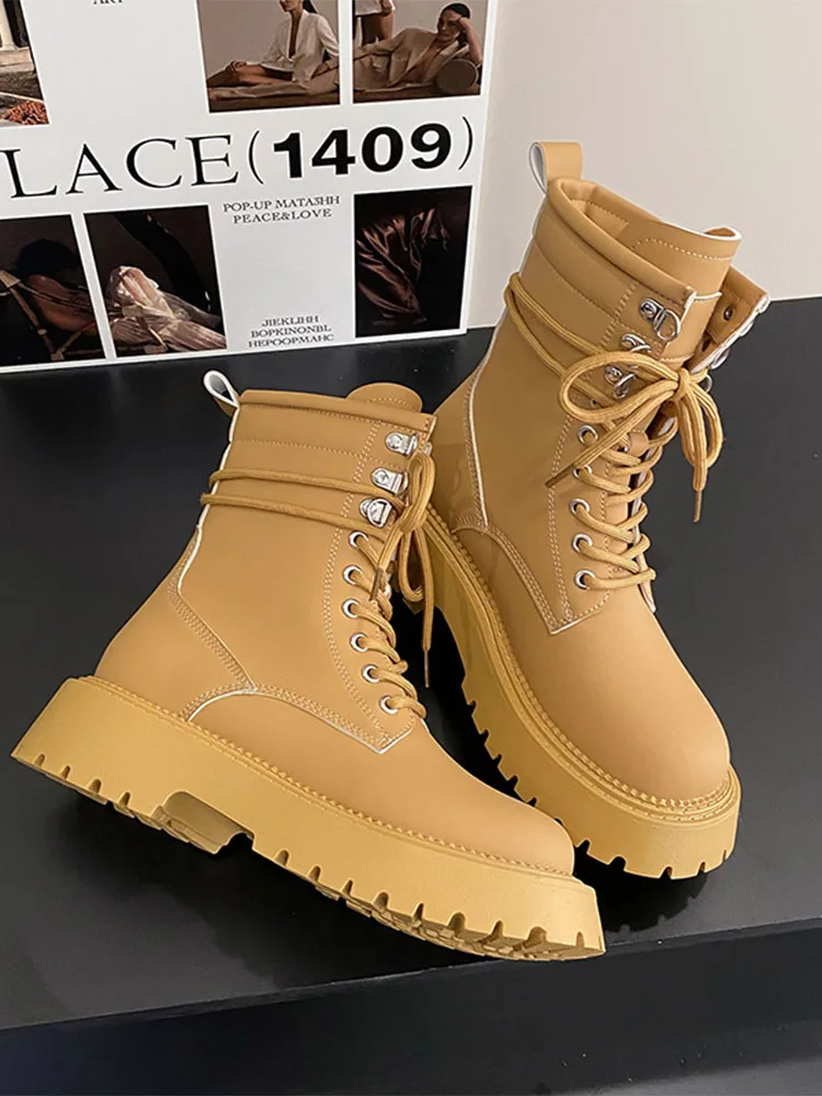 

Women Flats Chelsea Ankle Boots 2022 Winter New Fashion Thick Platform Casual Motocycle Boots Ladies Shoes Snow Lace Up Botas