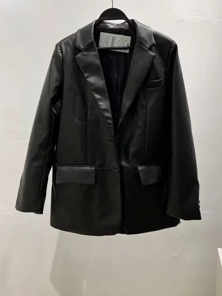 

Zach AiIsa autumn and winter new women's fashion retro black faux leather unisex loose casual long-sleeved button-up blazer