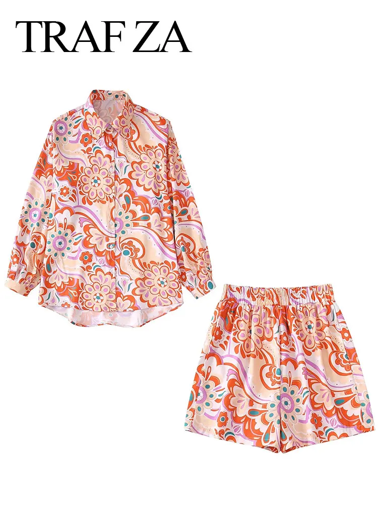 

TRAF ZA Fashion Shirts 2 Piece Cartoon Print Single-Breasted Lapel Long Sleeves Blouse + Elastic Waist Shorts Beach Resort Women