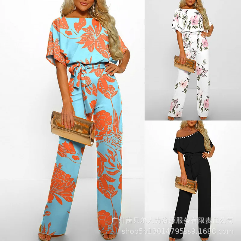 

Belted Jumpsuit Wide Leg Loose Fashion Casual Women Plants Print Batwing Sleeve Overalls Jumpsuits Pants Summer Spring Popular