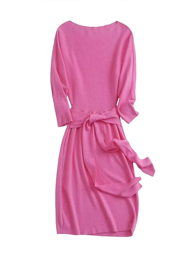 

ZAA Autumn 2022 New Women's Fashion Chic Elegant One-shoulder Slim Waist Belt Retro Casual Knitted Bat Sleeve Mid-length Dress