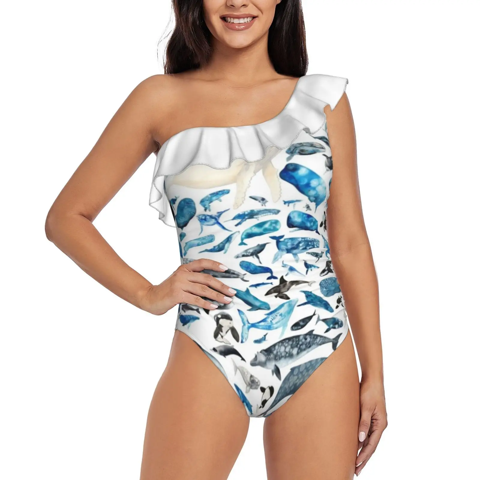 Слитный купальник без названия на одно плечо с оборками женский купальный костюм