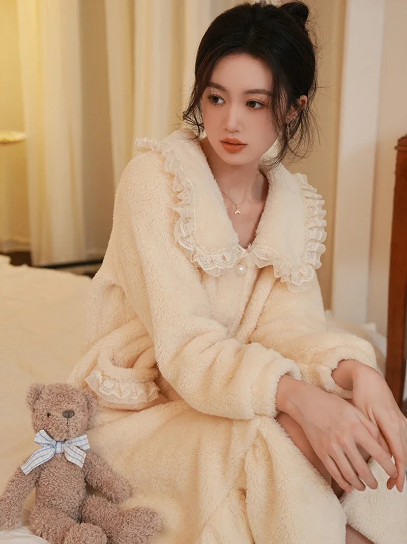 

Flannel Autumn Winter Long Sleeve Pajamas Nightdress Women Thicken Velvet Loose Fitting Home Nightwear Nightgowns Sleepwear