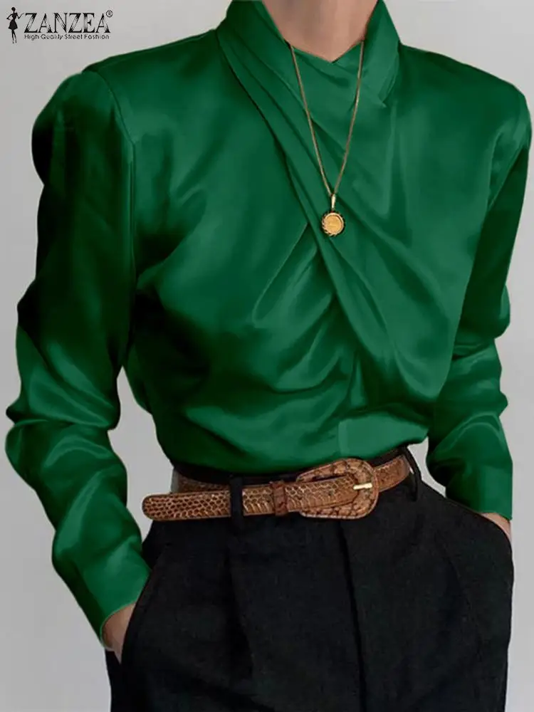 

ZANZEA Stand Collar Holiday Women Blouses Fashion Twisted Tops Office Lady Satin Shirts 2023 Spring Elegant Long Sleeves Tunics