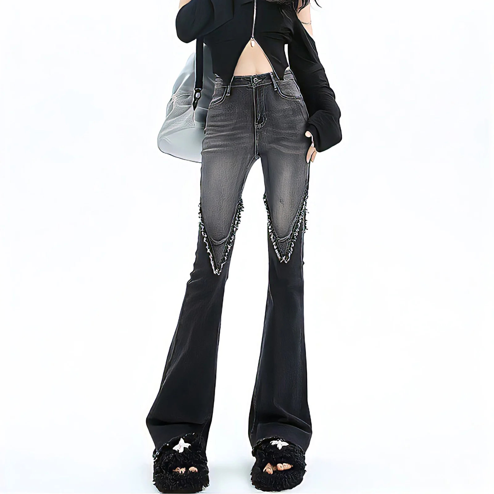 Streetwear Y2k Jeans Women 90s Vintage Grunge Punk Korean Fashion High Waist Brushed Denim Trousers Black Wide Leg Flared Pants