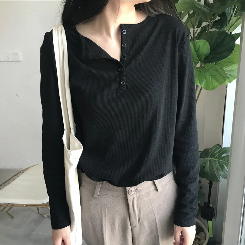 

Women's Casual Vintage T-shirts Spring Korean Chic Long Sleeve White Black Knitted Tees Female All Match Simple Basic Clothing