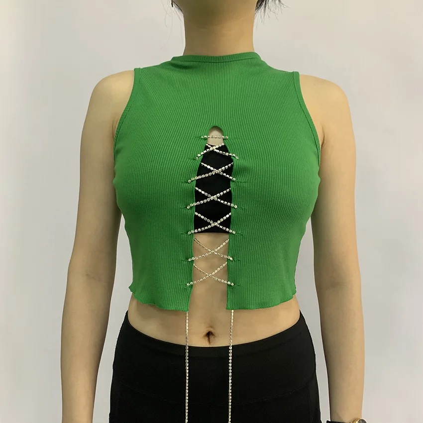 

Short Round Neck Design Slim Tshirt Summer New Chain Green Sleeveless Blouse Female TShirt for Women