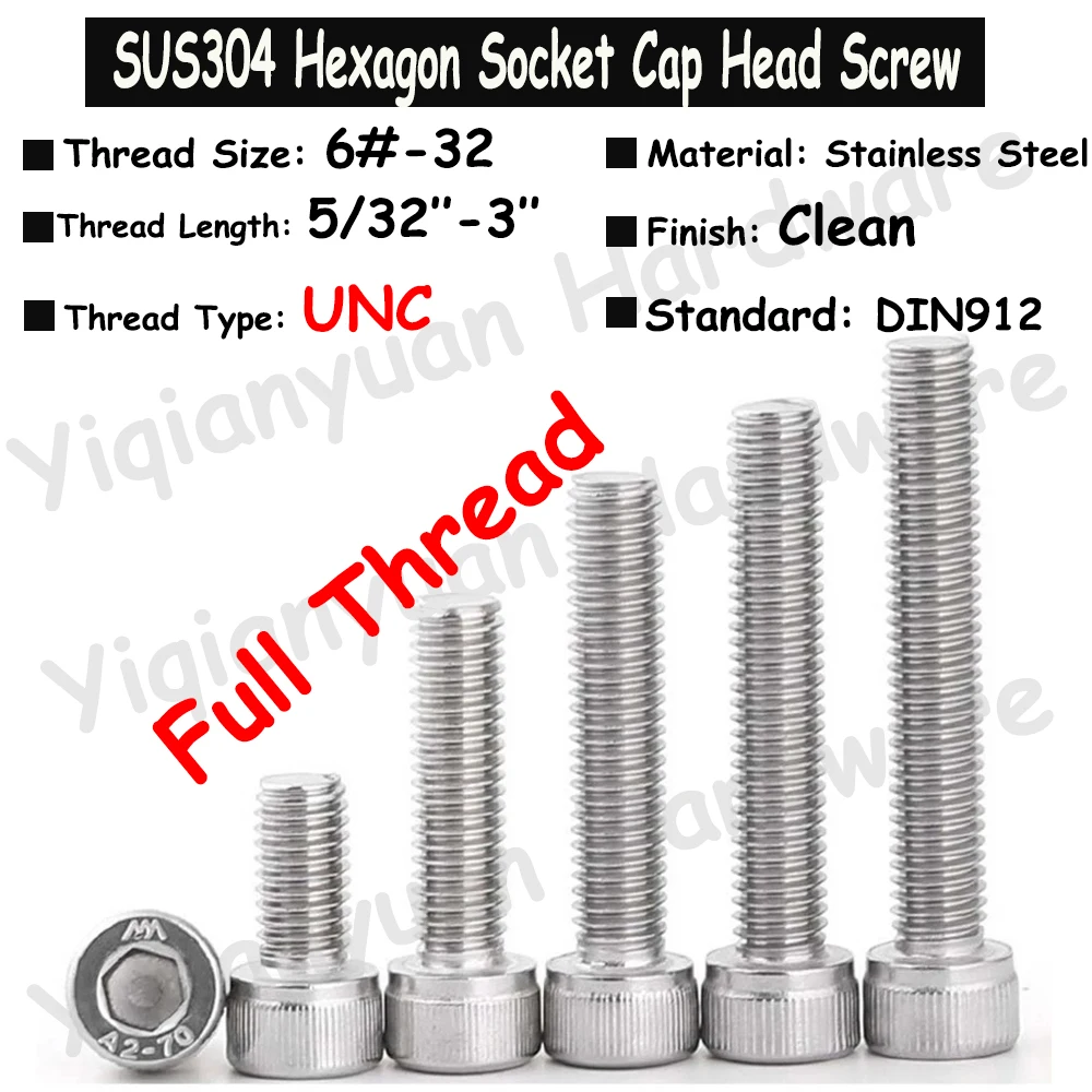 

5Pcs~30Pcs 6#-32 UNC Thread DIN912 SUS304 Stainless Steel Hexagon Socket Knurled Cap Head Bolts Allen Key Screws Full Threaded