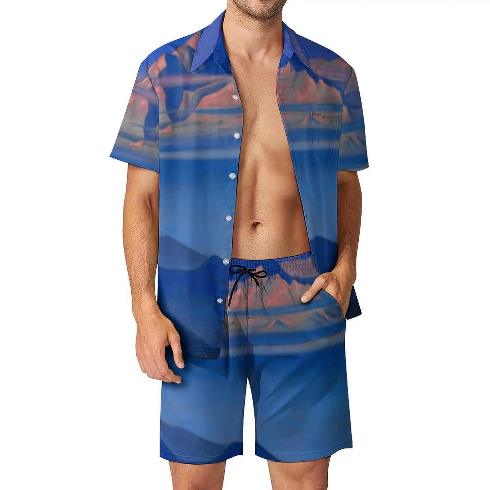 

Пляжная одежда с принтом синих гор, мужские комплекты, повседневный комплект рубашек Николая родича, летние шорты из двух предметов