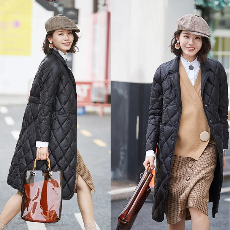 Elegant Korean Fashion Long Straight Winter Coat Jacket with Rhombus Pattern Women Parkas Outerwear