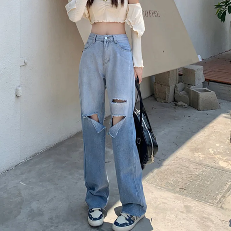 

Женские рваные джинсы с высокой талией, винтажные прямые брюки с широкими штанинами в стиле Харадзюку, 2021