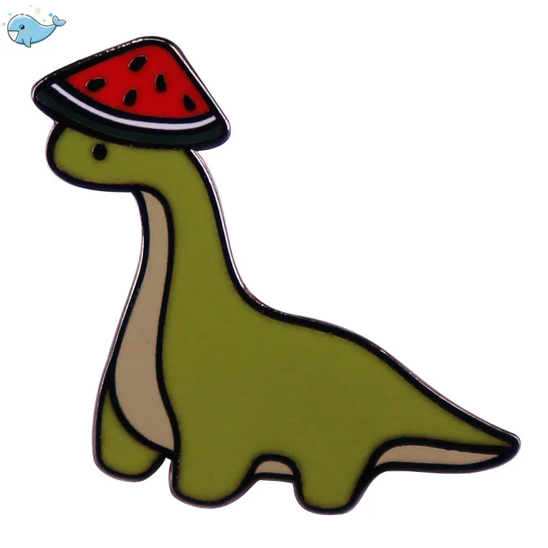 Karpuz şapkalı sevimli Brontosaurus dinozor dinozor karpuz şapka sert emaye iğne hayvan yaka rozeti broş arkadaşlar için takı aksesuar hediyeler