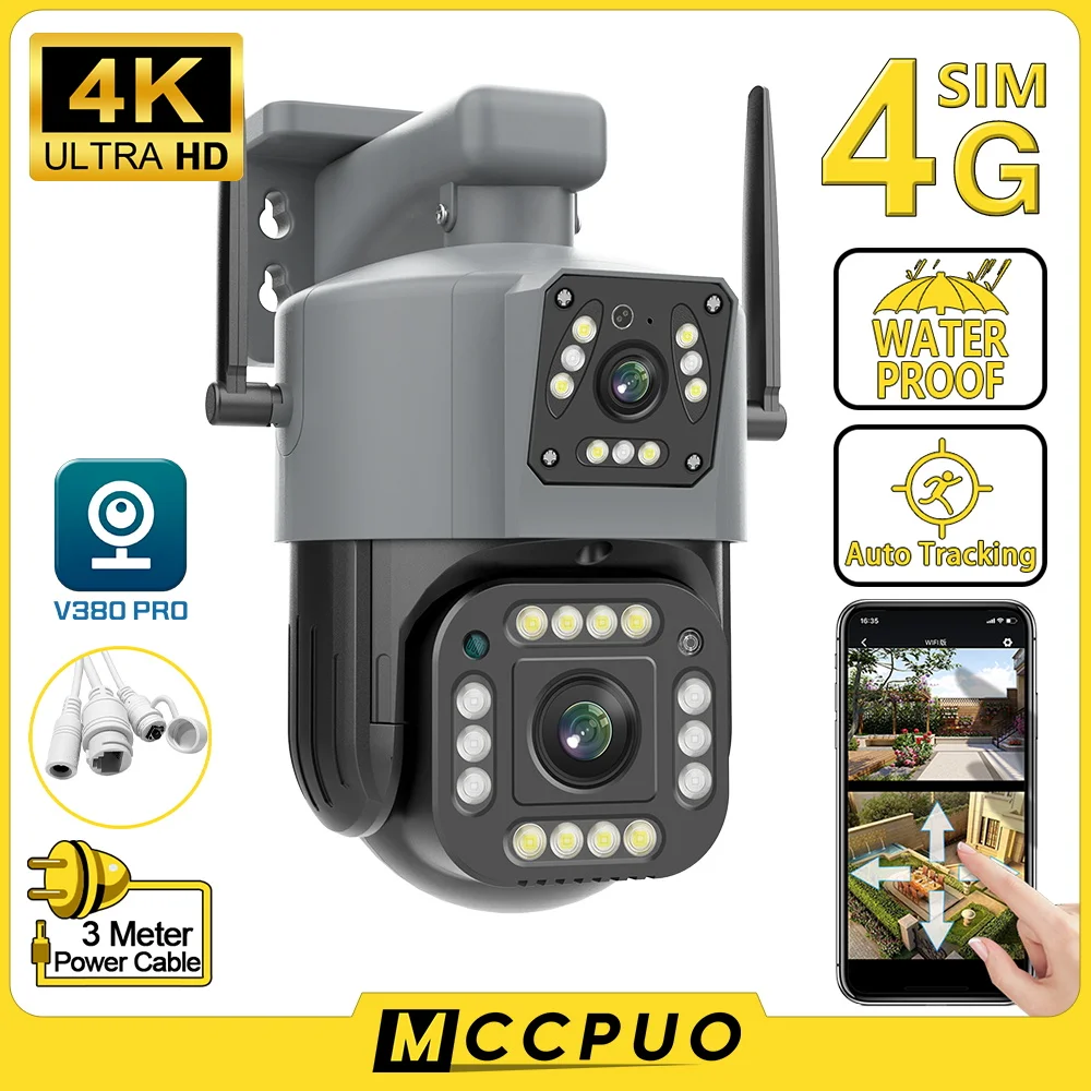 Наружная камера видеонаблюдения Mccpuo, 4K, 8 Мп, 2 объектива, 4G, SIM, Wi-Fi, PTZ