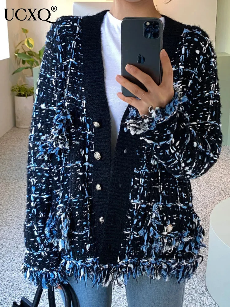 UCXQ модная уличная куртка винтажный кардиган с v-образным вырезом и кисточками