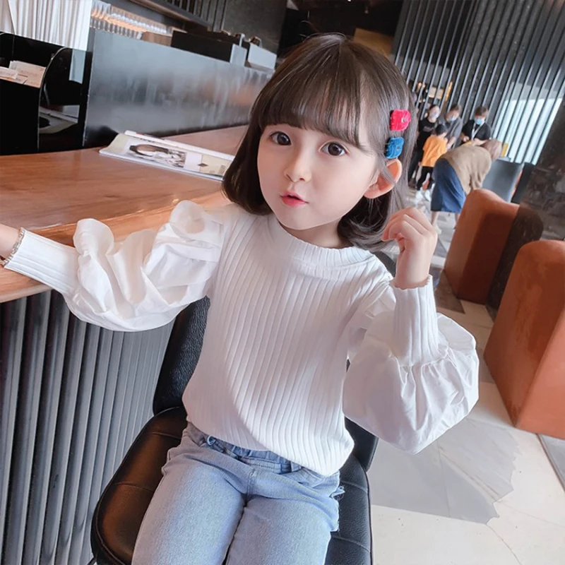 

Girls Puff Sleeve T-shirt Autumn 2022 New Children's Fashion Long Sleeve T-shirt Baby Wearing Knitwear Kid's Bottoming Shirt