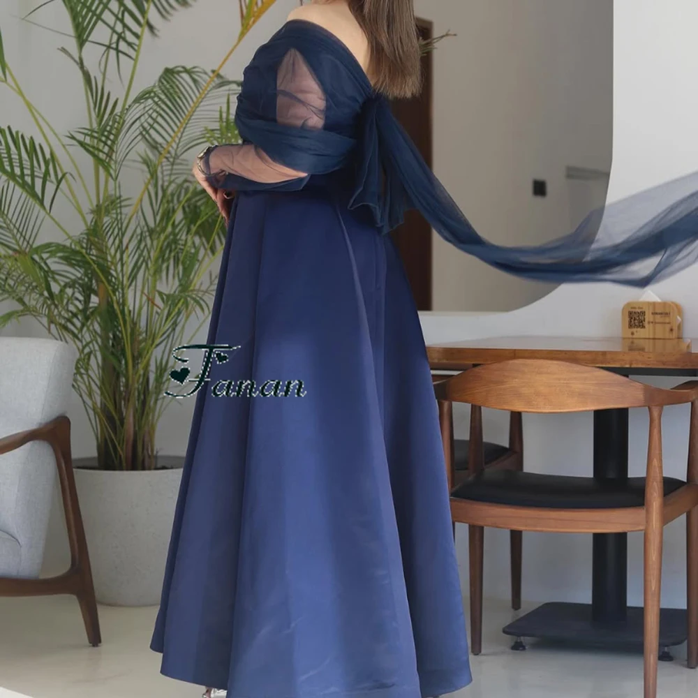 Customized Blue A-line Off the Shoulder Evening Dress Tulle ILLISION Sleeves Draped Party Prom Gown Ankle Length Backless Gown (art.: 3920cb9789f19) - 3920cb9789f19