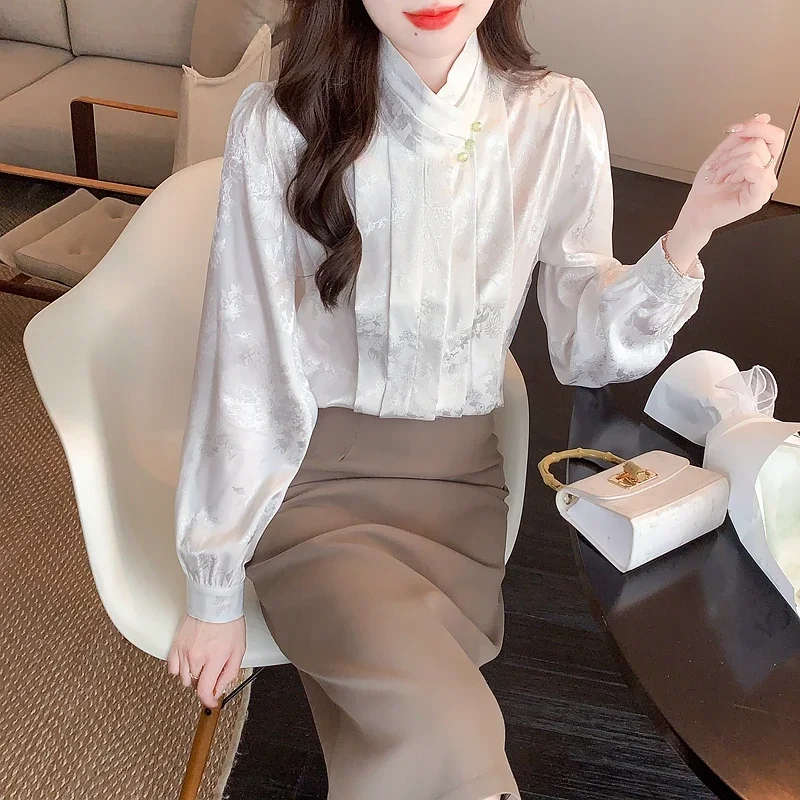 Модная женская рубашка с длинным рукавом и воротником-стойкой белая жаккардовая