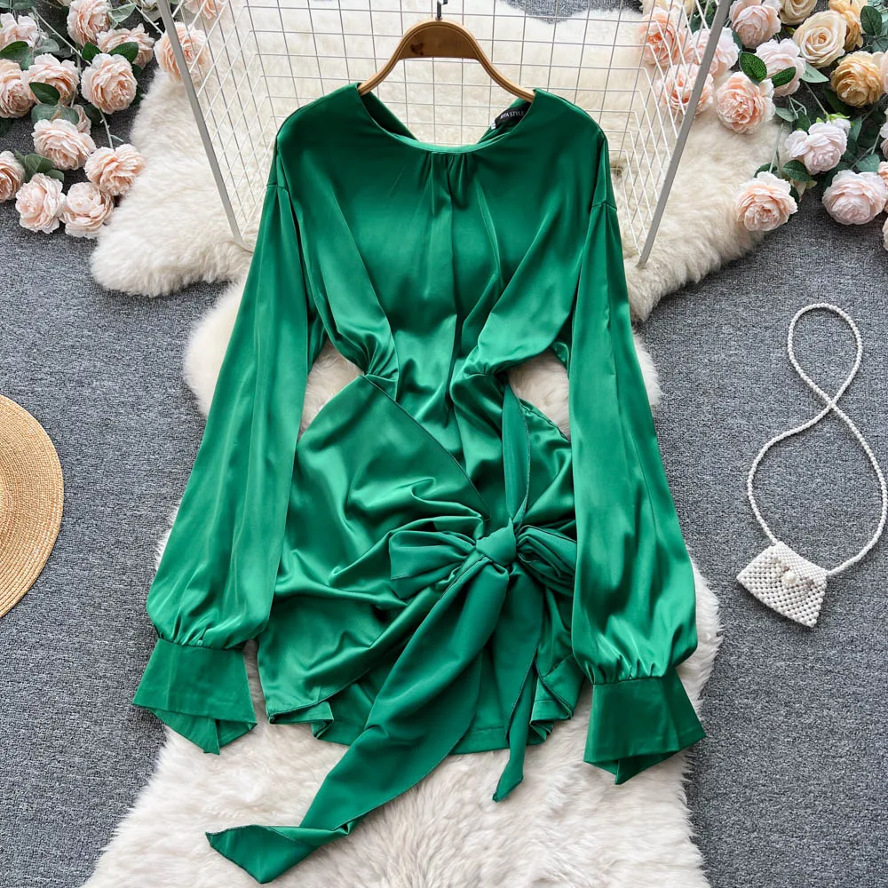 

VANOVICH осеннее Новое нестандартное платье с бантом и поясом в Корейском стиле, плиссированное, темпераментное, Повседневное платье-трапеция с рукавом-фонариком и круглым вырезом