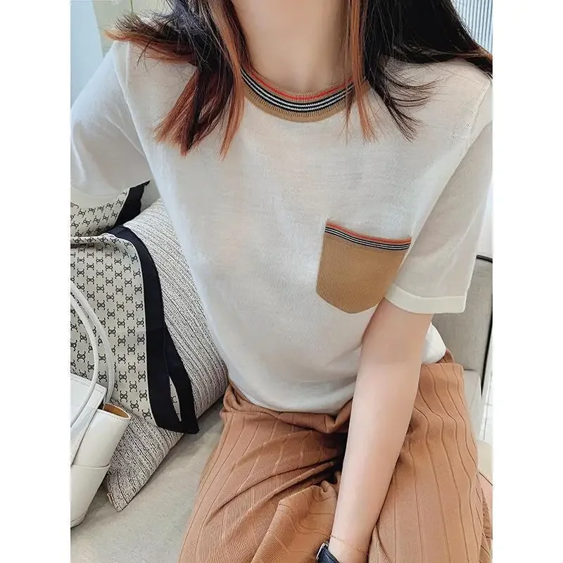 Женская свободная футболка с коротким рукавом модная повседневная в полоску