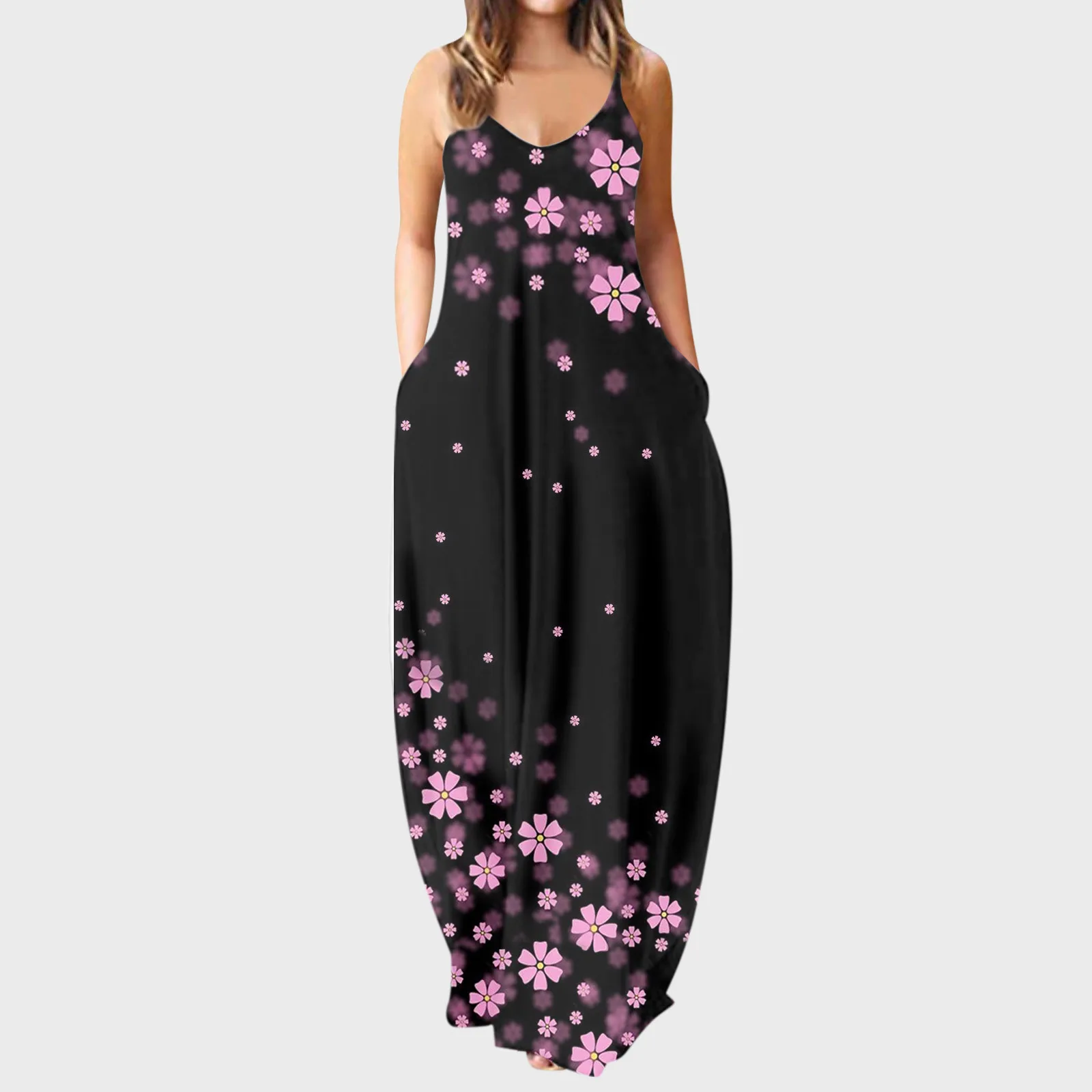 

Женское платье с цветочным принтом, длинное пляжное платье без рукавов с V-образным вырезом, 2022