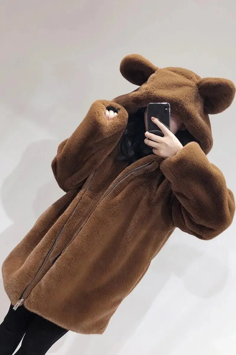 Autumn  Winter 2022  Fur Coat Cute Girl Faux Fur Jacket  Little Bear Ears Plush Thickened Loose Medium Length Hooded Coat Women
