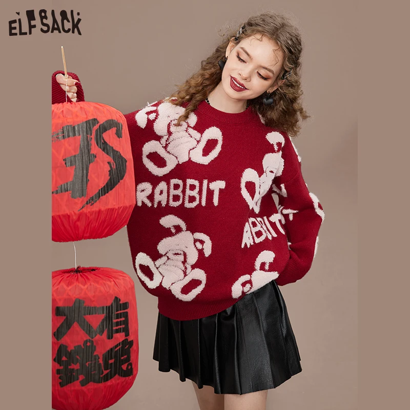 ELFSACK New Year Red Pullover Sweaters Women 2022 Winter Loose Long Sleeve Knitwears