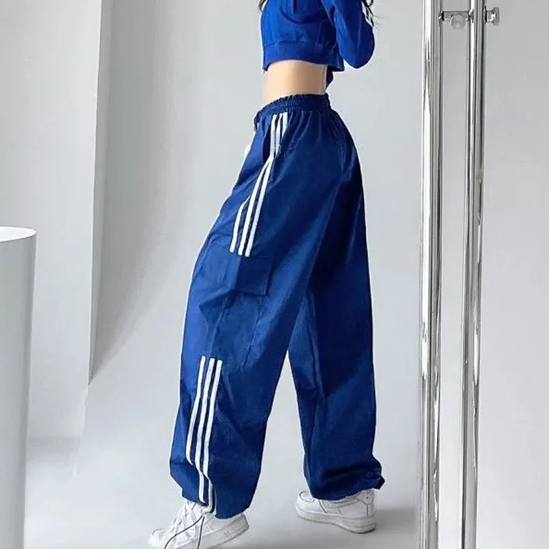 

Striped Sweatpants Women Hip Hop Streetwear Baggy Wide Leg Cargo Pants Bf Y2K High Waist Drawstring Joggers Trousers